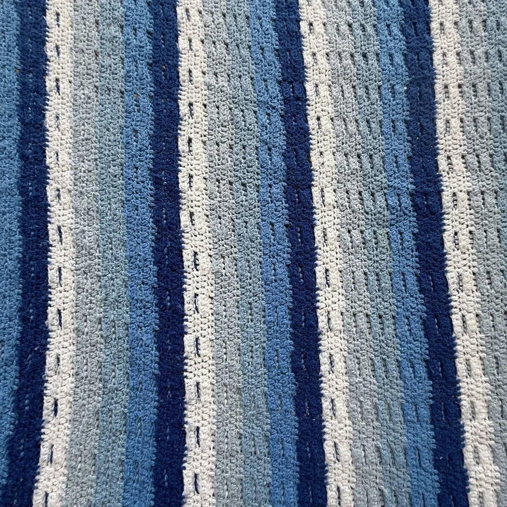 Handmade Crochet Afghan 90x53 Blue White Textured Striped Large Blanket Throw